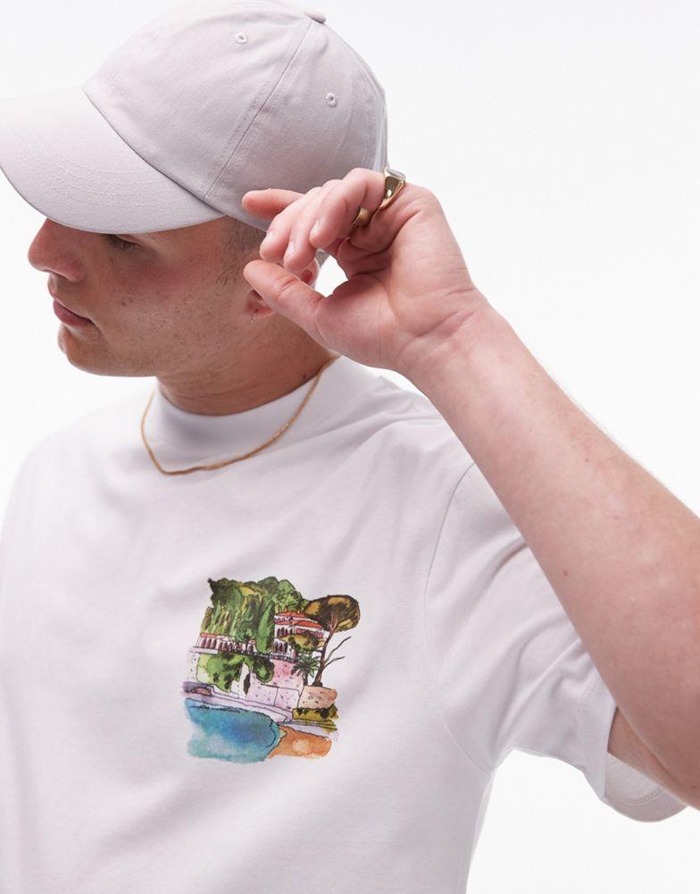 Topman Topman oversized fit t-shirt with watercolour riviera front and back print in white