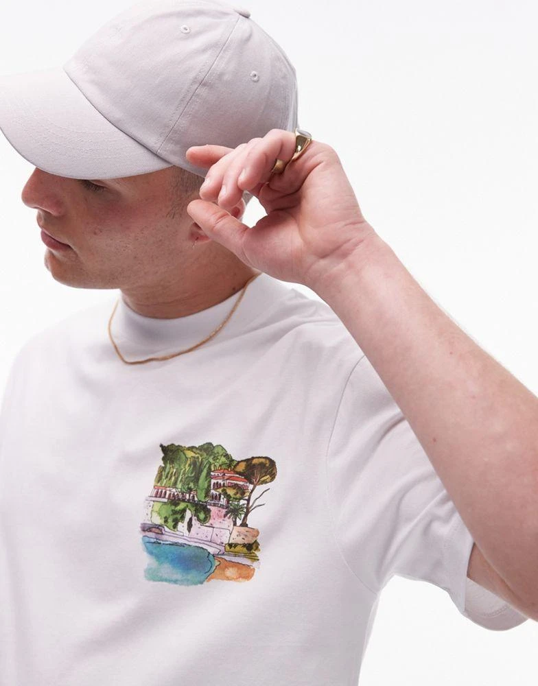 Topman Topman oversized fit t-shirt with watercolour riviera front and back print in white 2