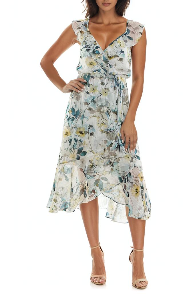 Socialite Ruffle Faux Wrap Chiffon Midi Dress