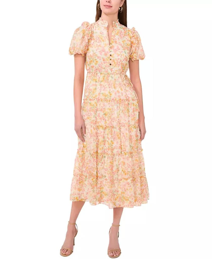 MSK Petite Printed Split-Neck Tiered Midi Dress 1