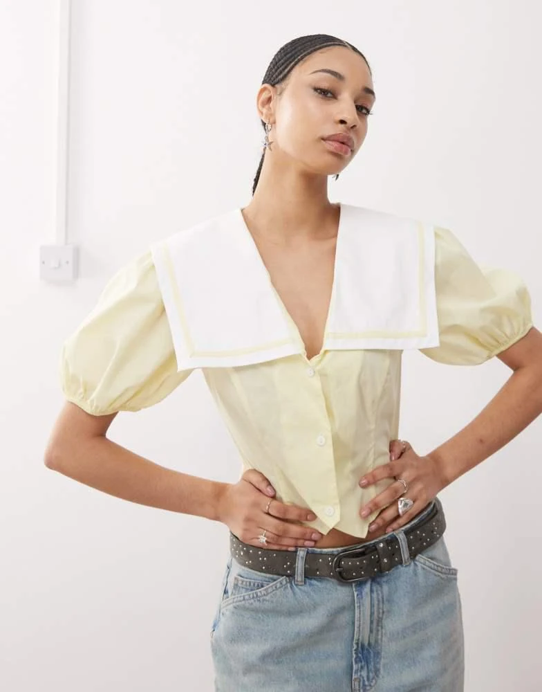 Reclaimed Vintage Reclaimed Vintage cinched in sailor collar blouse in buttermilk yellow 1