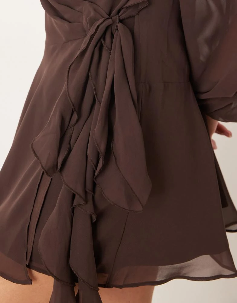 Abercrombie & Fitch Women's Long Sleeve Plunge Neck Wrap Front Mini Dress - Brown - Mini dresses