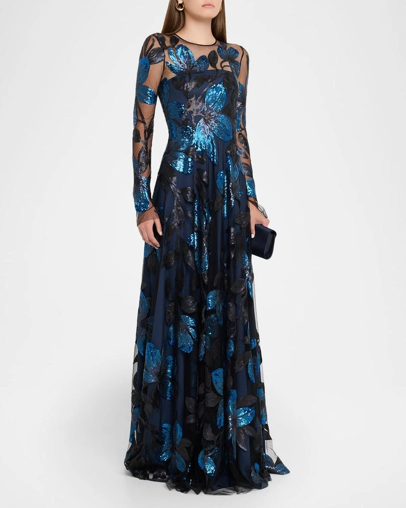 Naeem Khan Long-Sleeve Sequin Floral Embroidered Gown 4