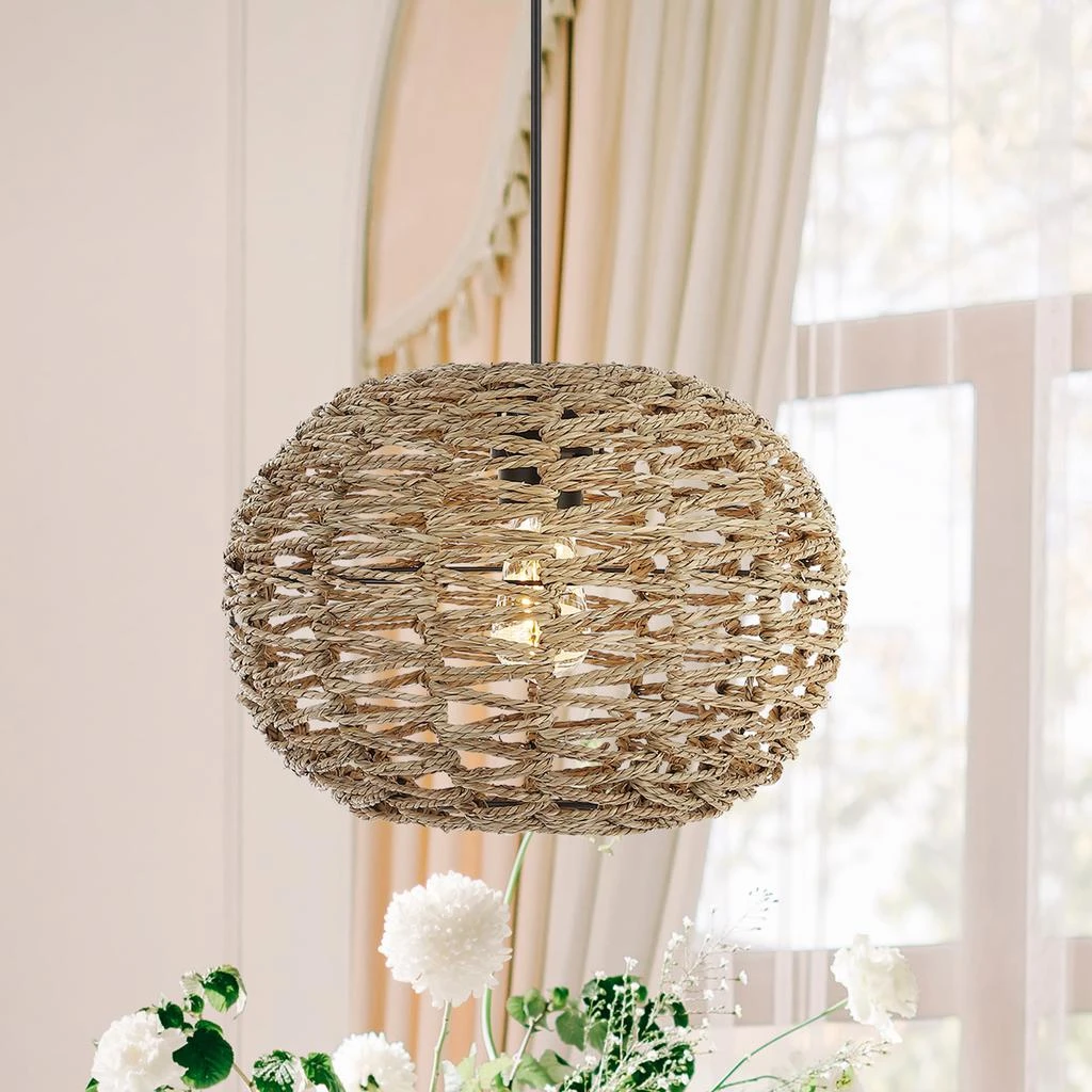 JONATHAN Y Isla 14" 1-Light Farmhouse Coastal Rattan 180" Cord Plug-In or Hardwired LED Pendant