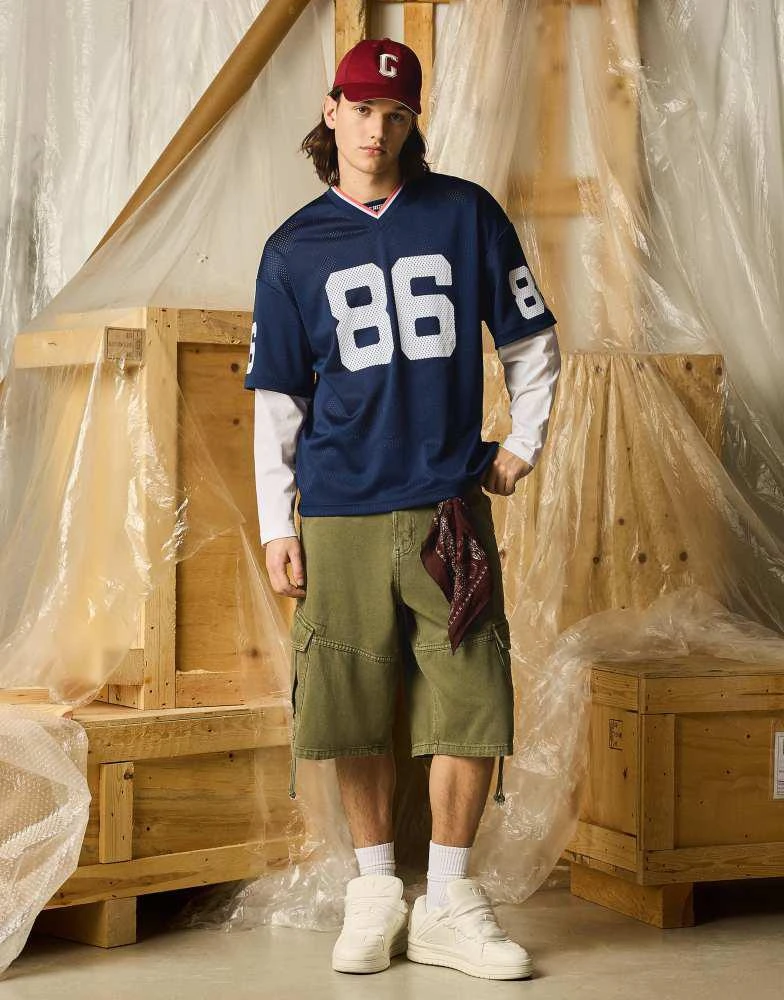 Bershka Bershka Long sleeve mesh t-shirt in denim blue 2