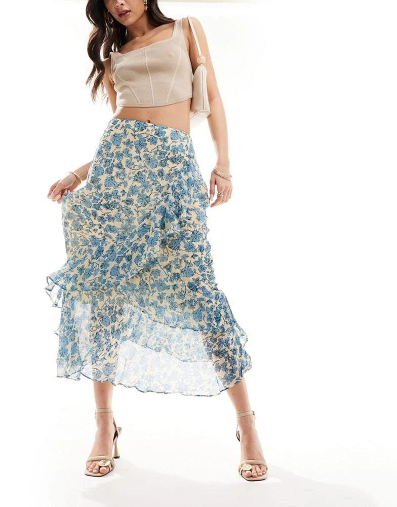 Whistles Whistles shaded ruffle detail midi skirt in blue floral 1