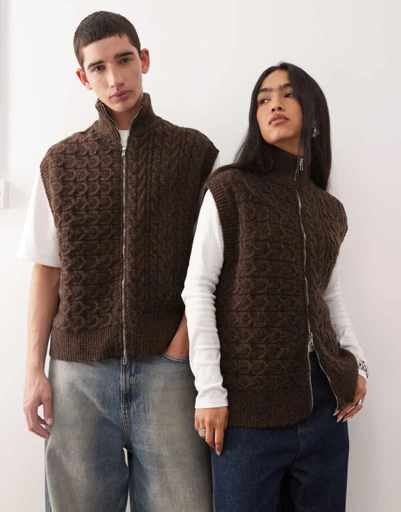 Reclaimed Vintage Reclaimed Vintage unisex zip through cable knitted tank in chocolate brown