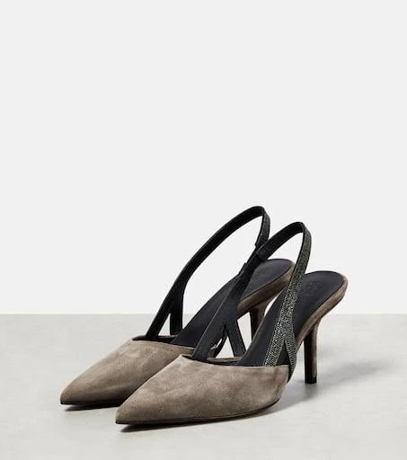 Brunello Cucinelli Embellished suede slingback mules 5