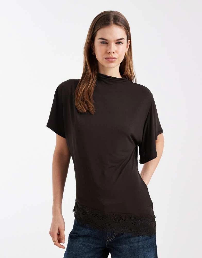 ASOS ASOS DESIGN short sleeve with high neck with lace trim top in brown