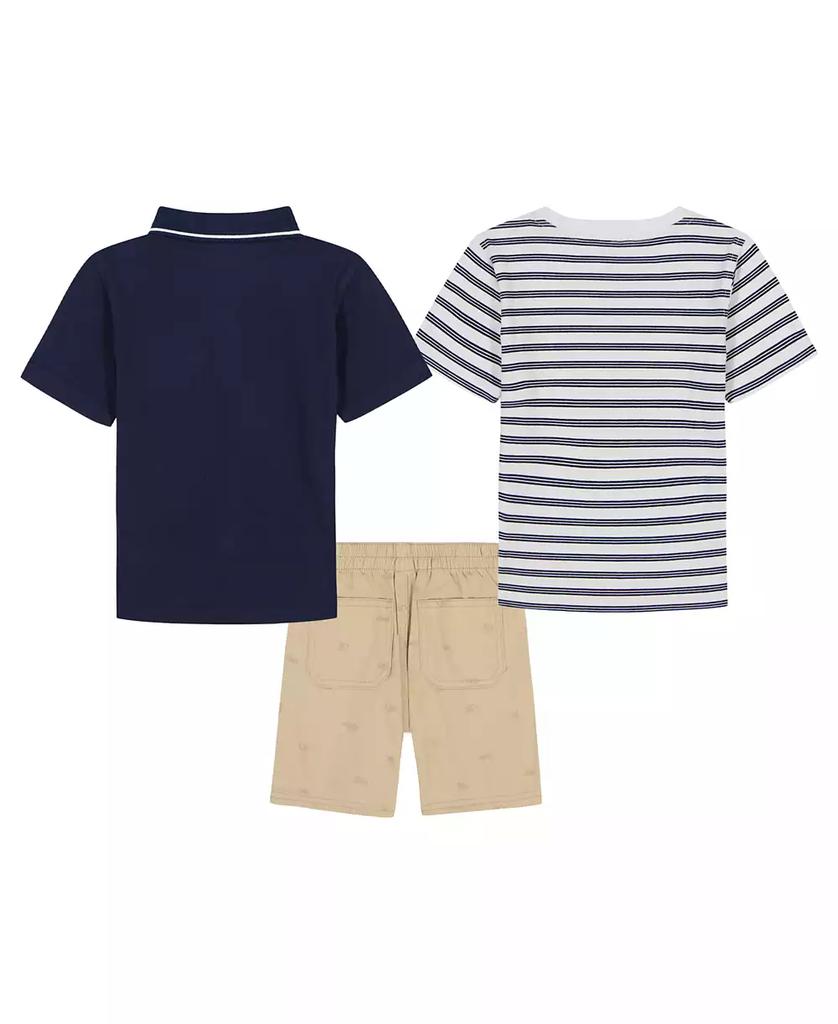 KIDS HEADQUARTERS Toddler and Little Boys 3-Piece Tipped Polo Shirt, Striped T-Shirt and Printed Twill Shorts Set