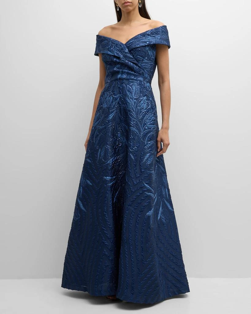 Teri Jon Off-Shoulder Metallic Jacquard Gown 3