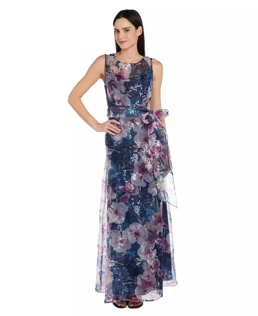 R & M Richards Petite Sequin Printed Self-Tie Sash Long Gown