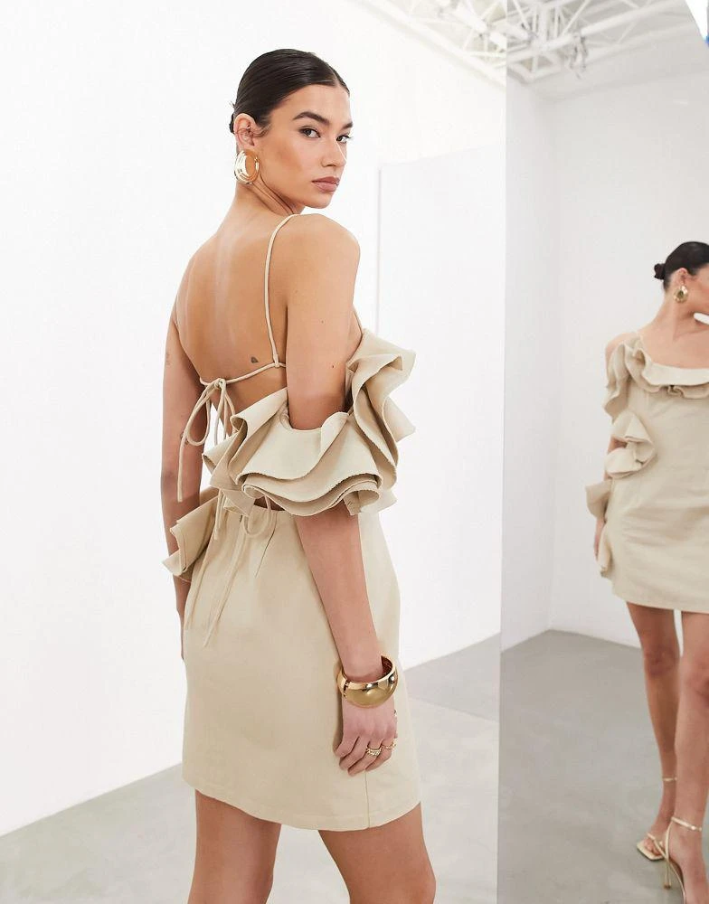 ASOS ASOS EDITION premium structured raw edge ruffle bandeau mini dress in taupe 3
