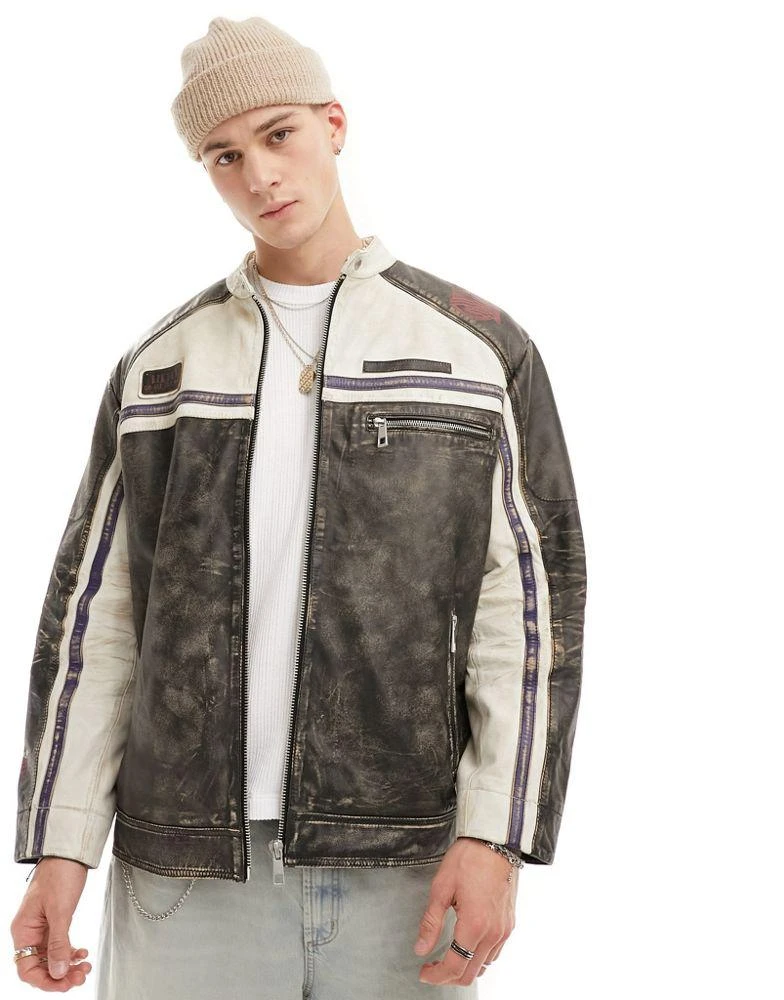 ASOS ASOS DESIGN real leather motocross jacket with badges in washed black 1