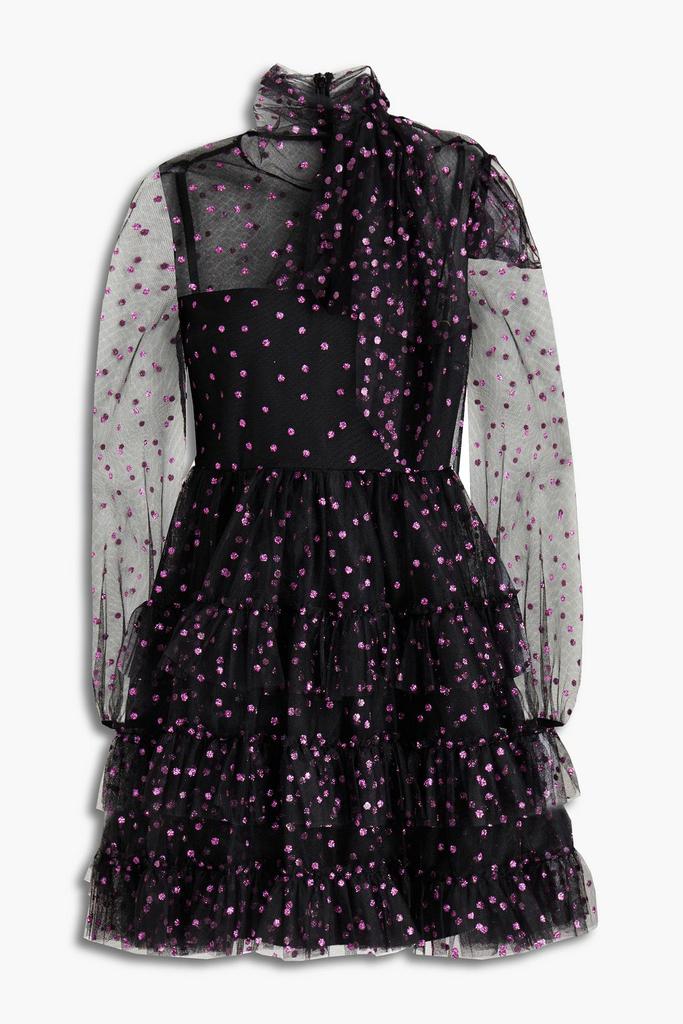 RED VALENTINO★Pussy-bow tiered glittered tulle mini dress RED Valentino Pussy-bow tiered glittered tulle mini dress