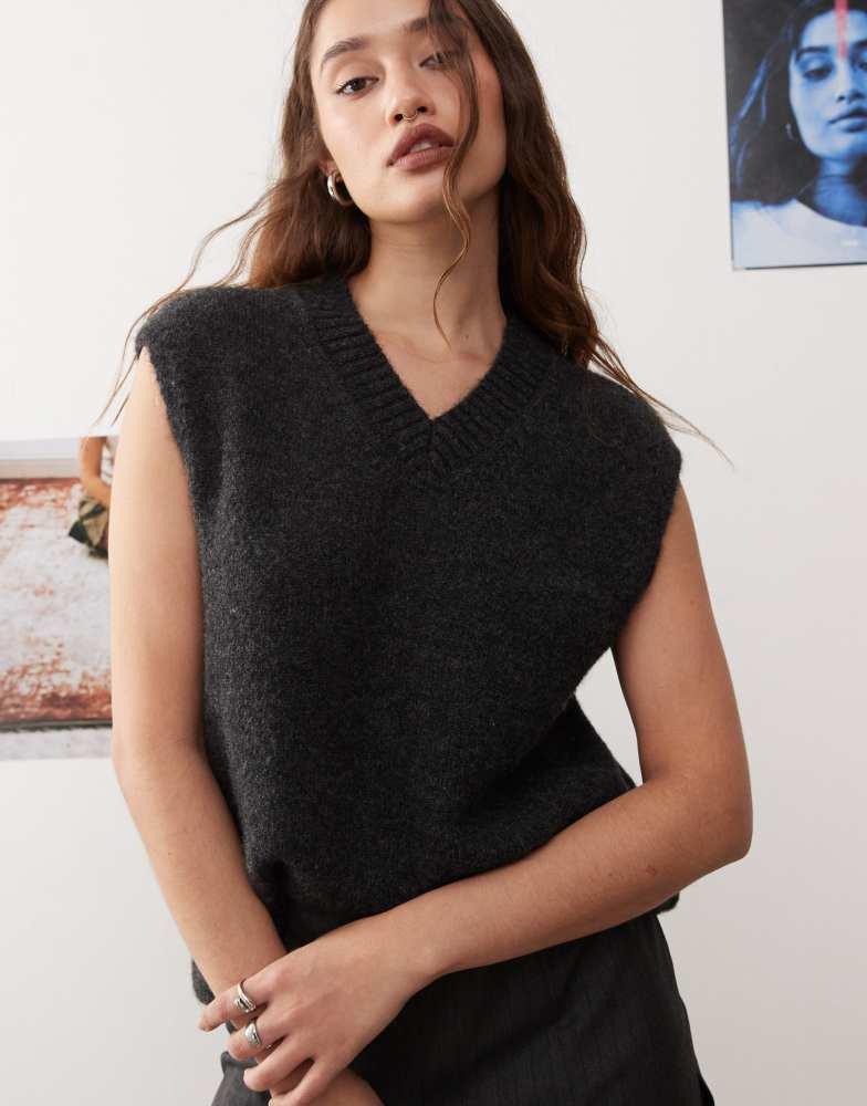 Weekday Weekday Kayla wool blend oversized v neck vest in black melange