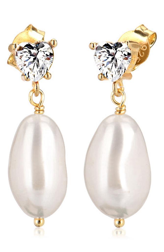 Gabi Rielle 14K Gold Plated Heart CZ & Synthetic Pearl Drop Earrings