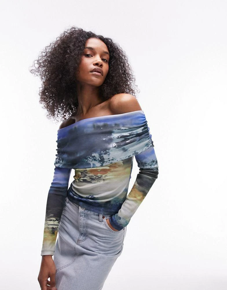 Topshop Topshop abstract floral landscape long sleeve bardot in blue 1