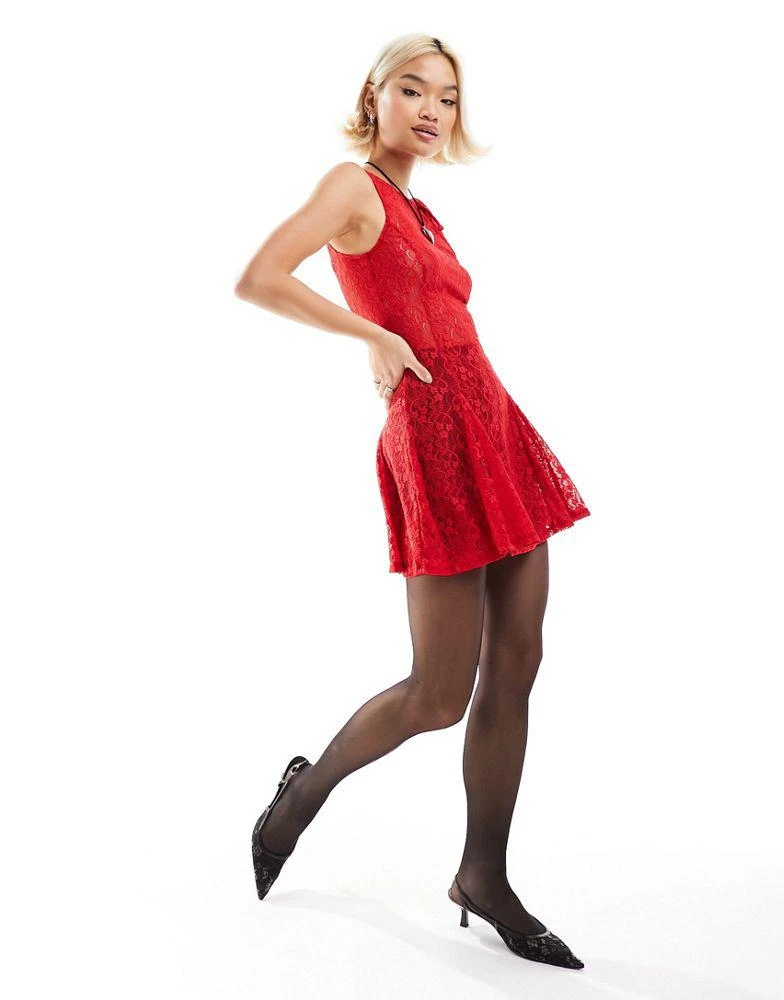 Motel Motel lace bow-detail mini dress in red 2