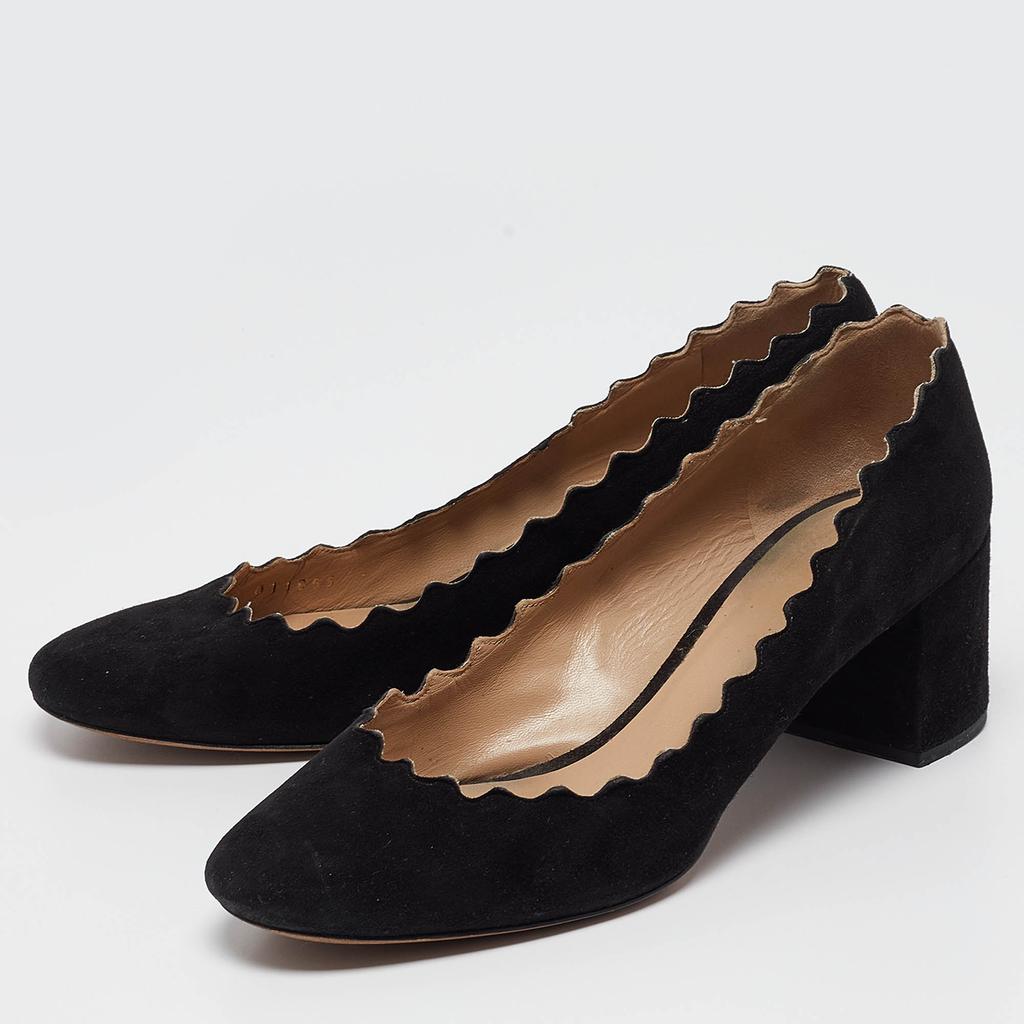 Chloe Chloe Black Suede Lauren Scallop Trim Block Heel Pumps Size 37