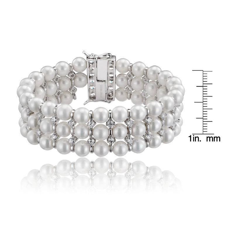 Genevive Sterling Silver White Gold Plated with Clear Cubic Zirconia 3 Row Pearl Bracelet 3