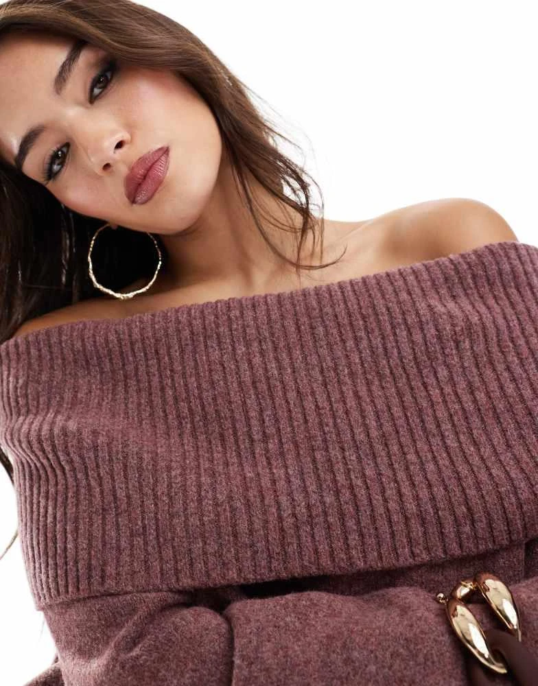 Pull&Bear Pull&Bear bardot knitted jumper in burgundy 4