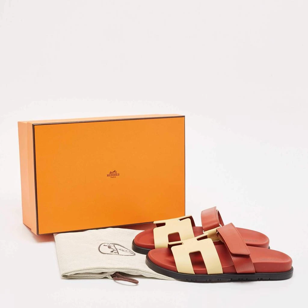 Hermes Hermes Cream/Burgundy Leather Chypre Flat Sandals Size 38 9