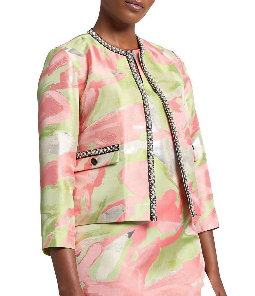 MING WANG Ming Wang - Printed Jacquard Round Neck 3/4 Sleeve Peral Trim Jacket