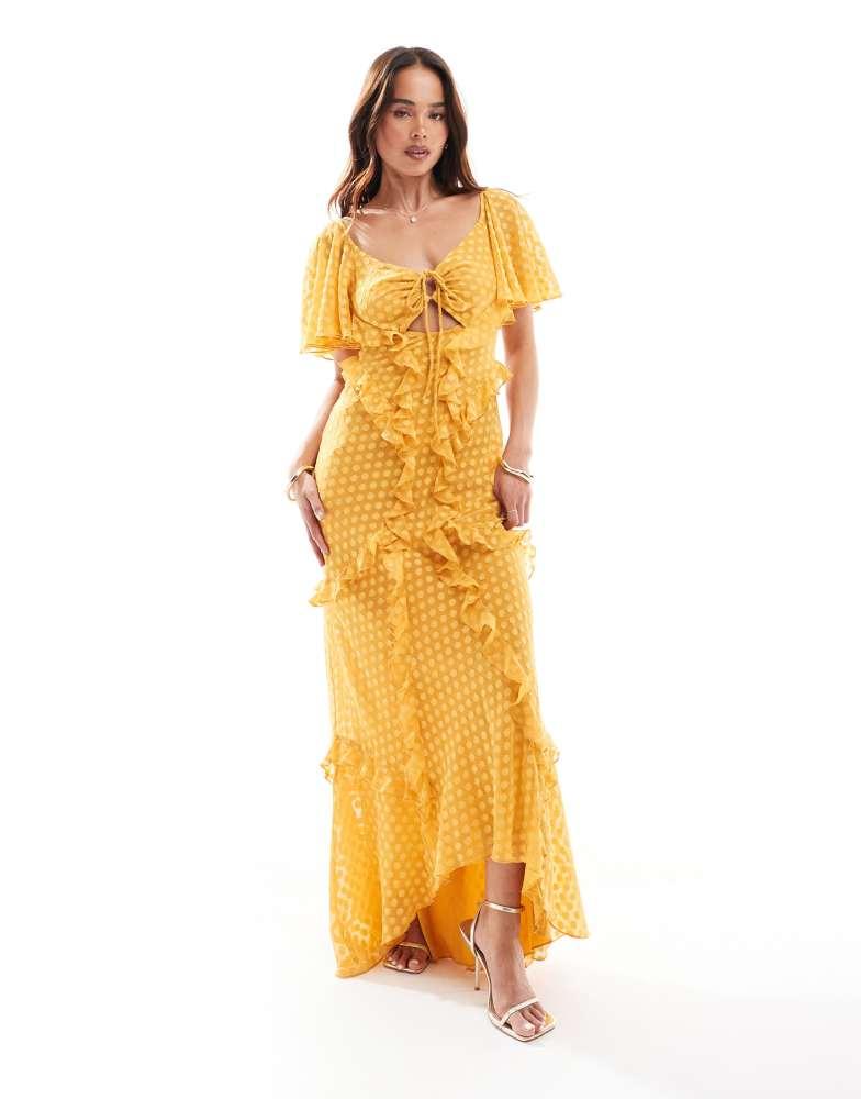 ASOS ASOS DESIGN flutter sleeve ruffle maxi dress with cut out detail in textured spot in burnt yellow