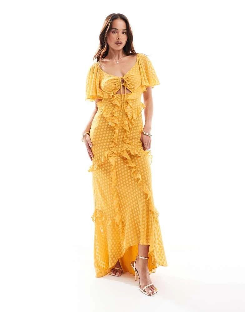 ASOS ASOS DESIGN flutter sleeve ruffle maxi dress with cut out detail in textured spot in burnt yellow 1