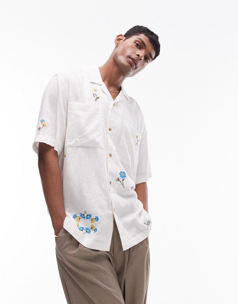 Topman Topman short sleeve relaxed embroidered floral shirt in white