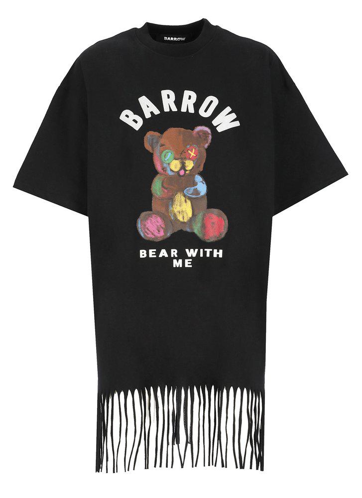 Barrow Barrow Logo-Flocked Crewneck Fringed T-Shirt