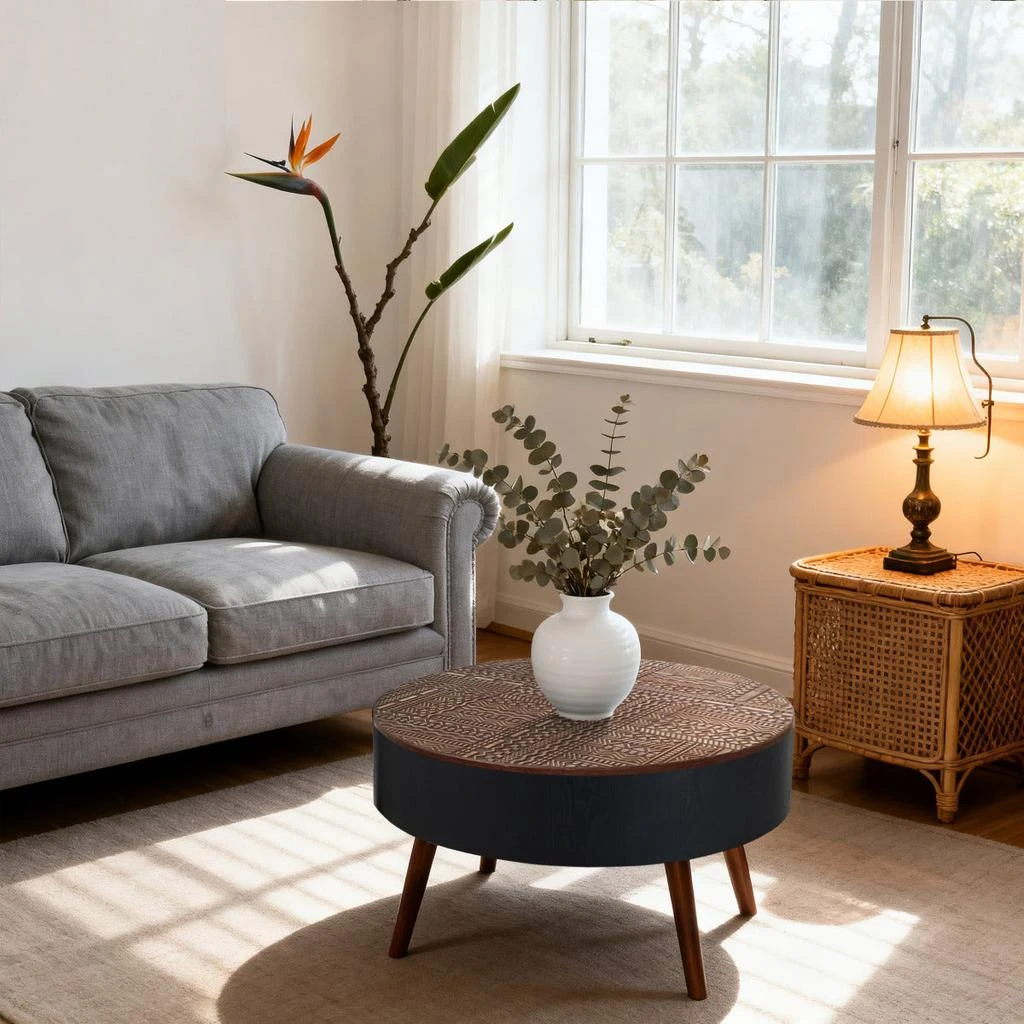 Streamdale Furniture Streamdale 31.5" Round Coffee Table with Storage 
Engraved Top 6