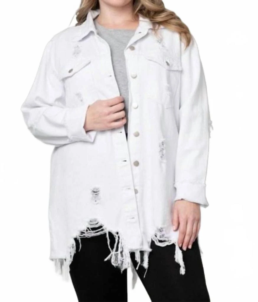 Pine Apparel Distressed Denim Shacket - Plus In White