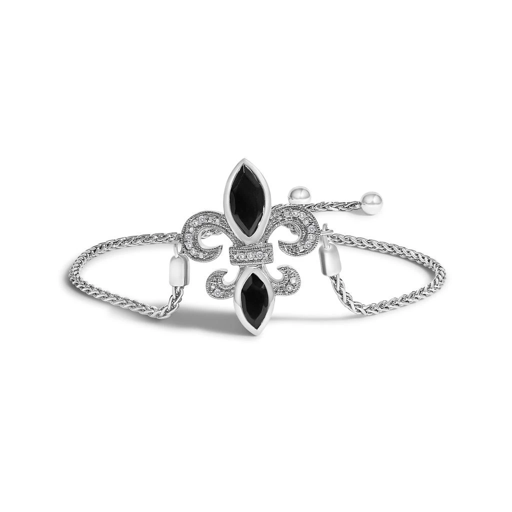 Haus of Brilliance .925 Sterling Silver Marquise Black Onyx and Diamond Accent Lariat 4”-10” Fleur De Lis Adjustable Bolo Bracelet 2