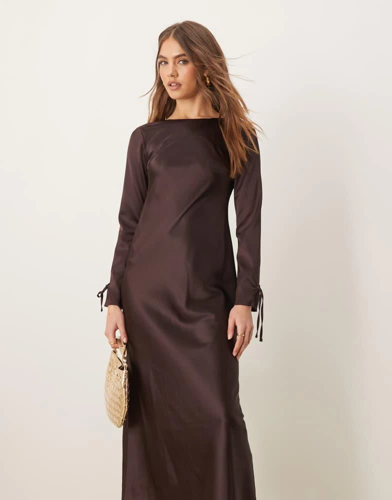 brown satin long sleeve maxi dress Avec Les Filles Women's Asymmetric Drape Long Sleeves Maxi Dress - Chocolate Brown main image 0