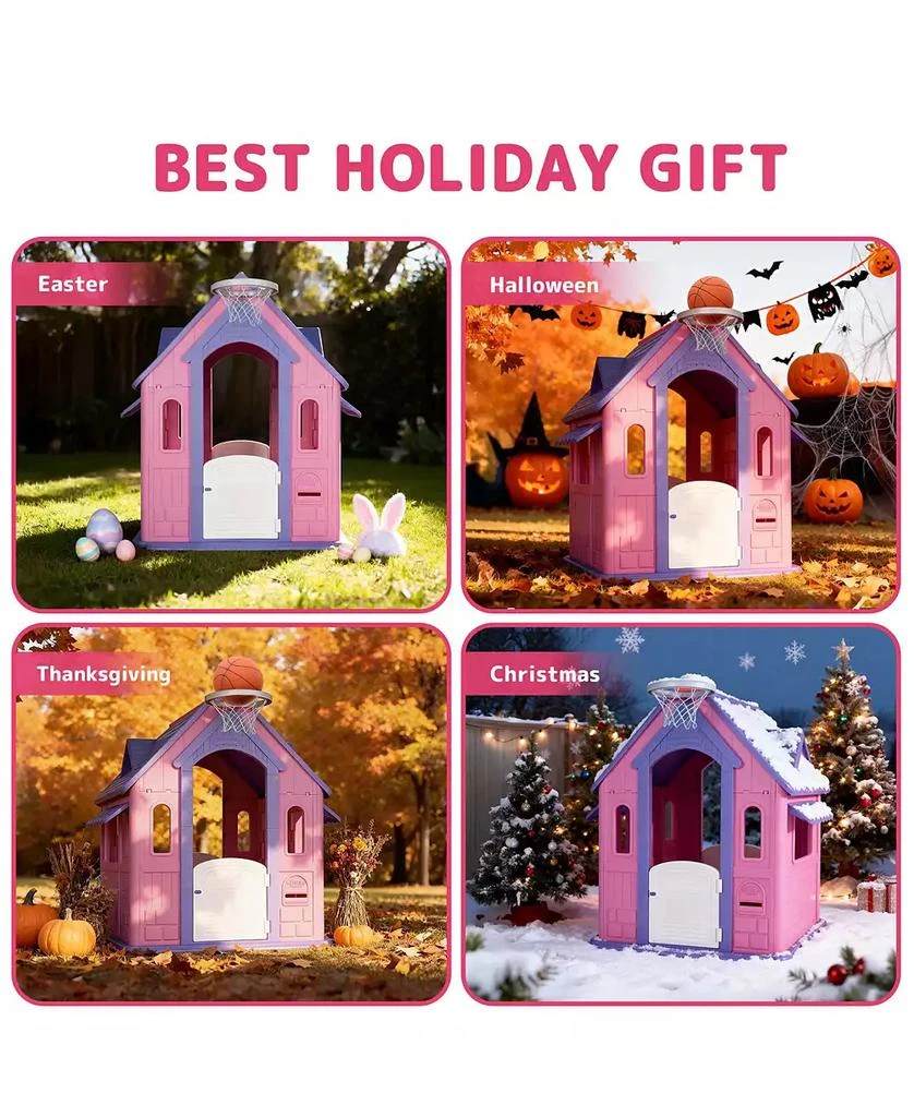 SUGIFT Large Kids Playhouse for Indoor Outdoor with Basketball Ring Toss Play and DIY Stickers for Girls Boys Ages 2 8