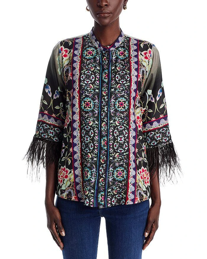 Johnny Was Lewella Silk Feather Trim Blouse 6