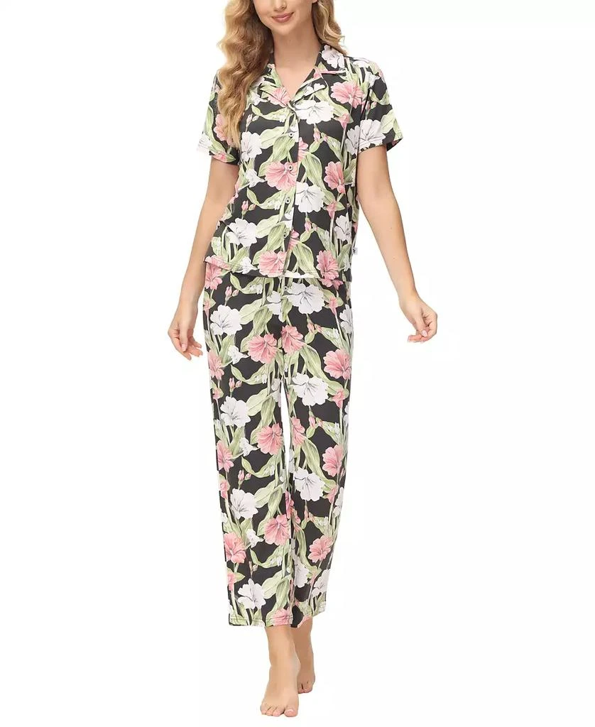 Echo Design Women's 2 Piece Printed Short Sleeve Notch Top with Pants Pajama Set 1