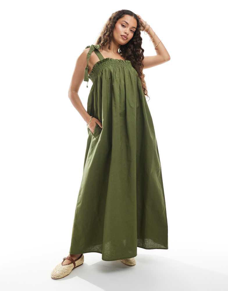 Miss Selfridge Miss Selfridge Petite strappy poplin maxi smock dress in olive