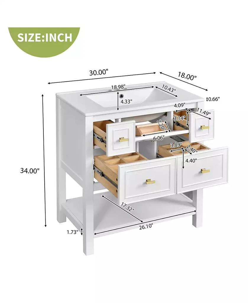 CASAINC 30-Inch Bathroom Vanity with Ceramic Sink Combo, Freestanding Single Vanity, 5 Drawers 
Solid Wood Storage 3