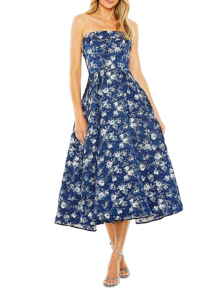 Mac Duggal Strapless Floral Brocade Midi Dress, Womens, 12, Blue Multi