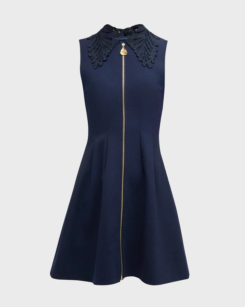 Oscar de la Renta Embroidered Fern-Collar Sleeveless Zip-Front Mini Dress 1