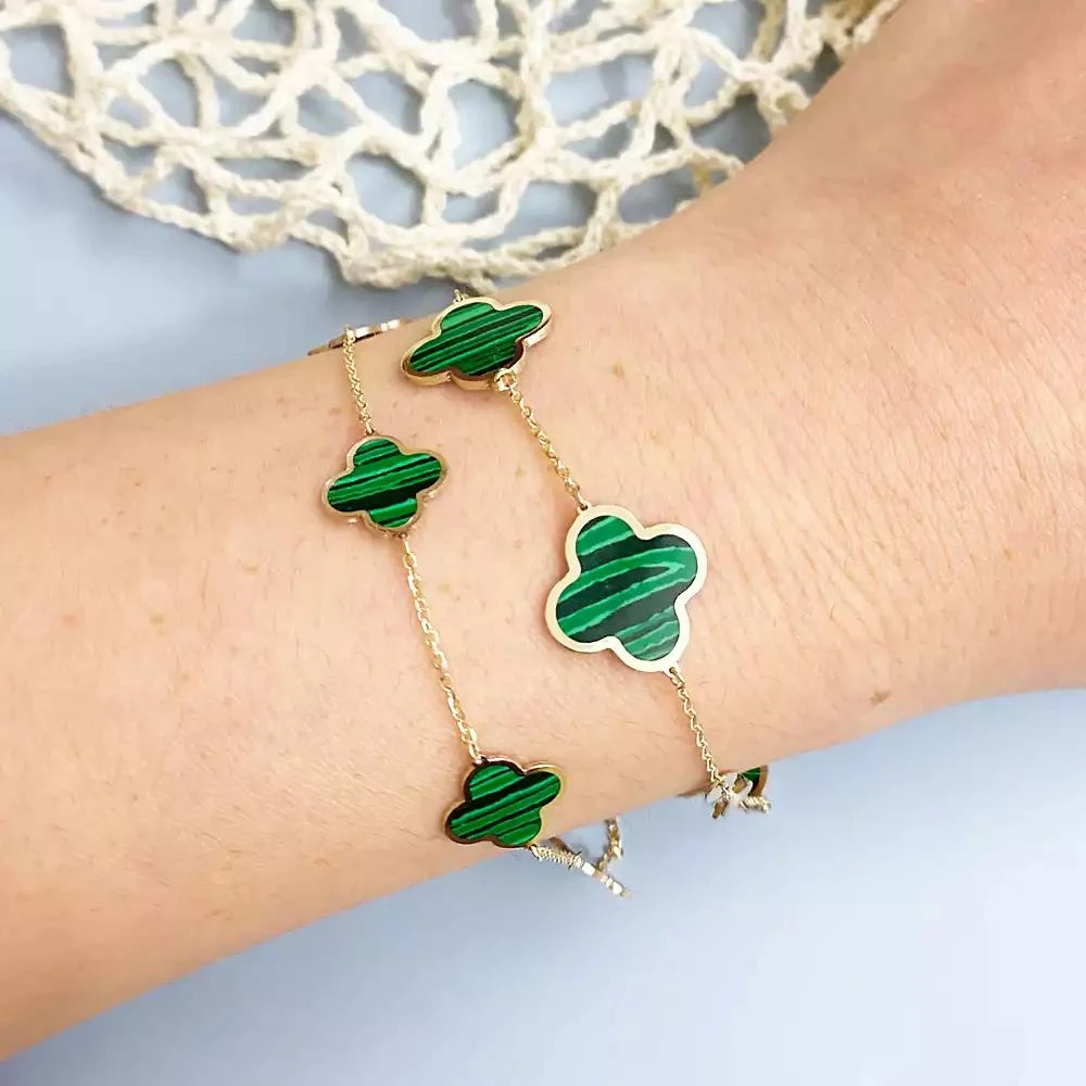 The Lovery Large Malachite Clover Bracelet 14K Gold 3