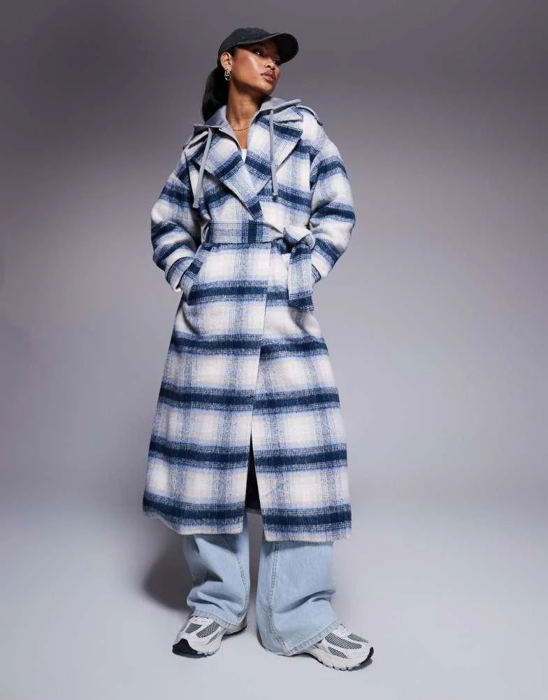 River Island River Island wool look belted coat in blue check 4