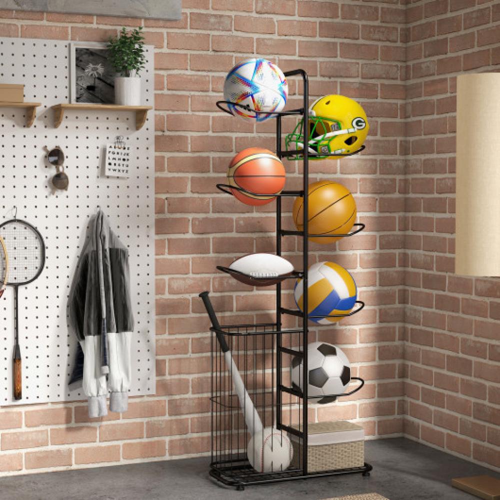 Hivvago Metal Basketball Holder with 7 Removable Hanging Rods and Side Ball Basket