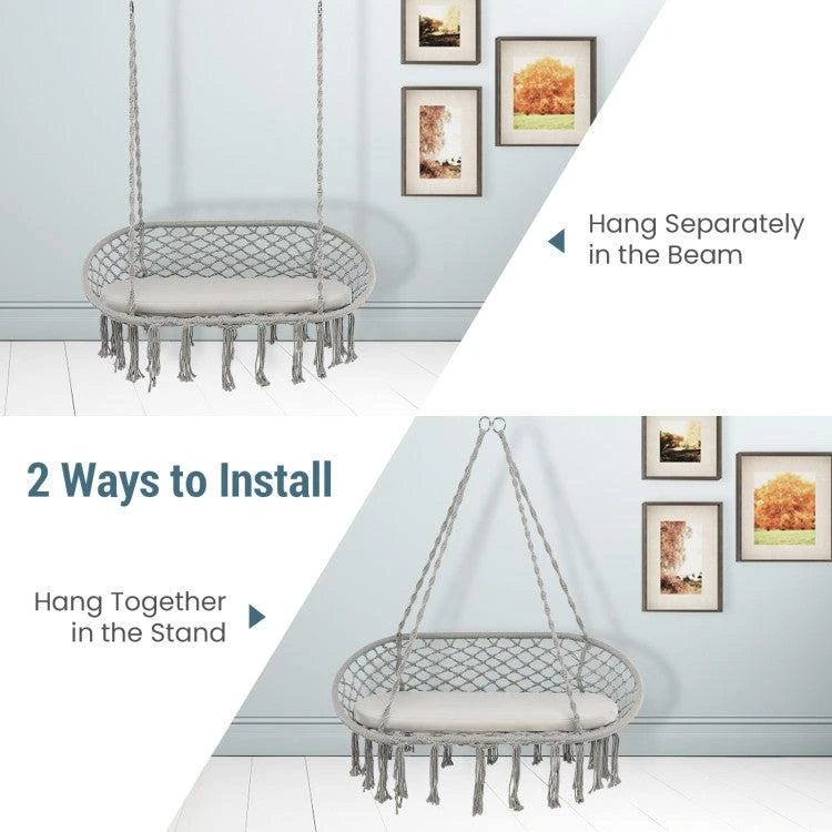Hivvago 2 Person Hanging Hammock Chair with Cushion Macrame Swing-Gray 5