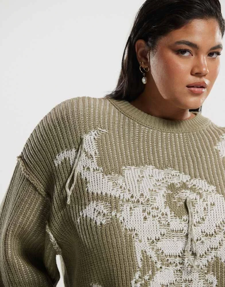 ASOS ASOS DESIGN Curve knitted rose printed oversized crew neck jumper in sage 3