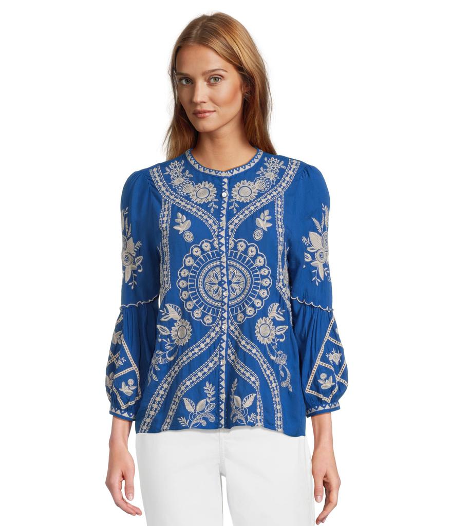 (取寄) ジョニー ワズ レディース スカルプ スリーブ ブラウザ - ブリンリー Johnny Was women Scallop Sleeve Blouse - Brynlee Cobalt Scallop Sleeve Blouse - Brynlee – On Sale Now with Up to 31% Off