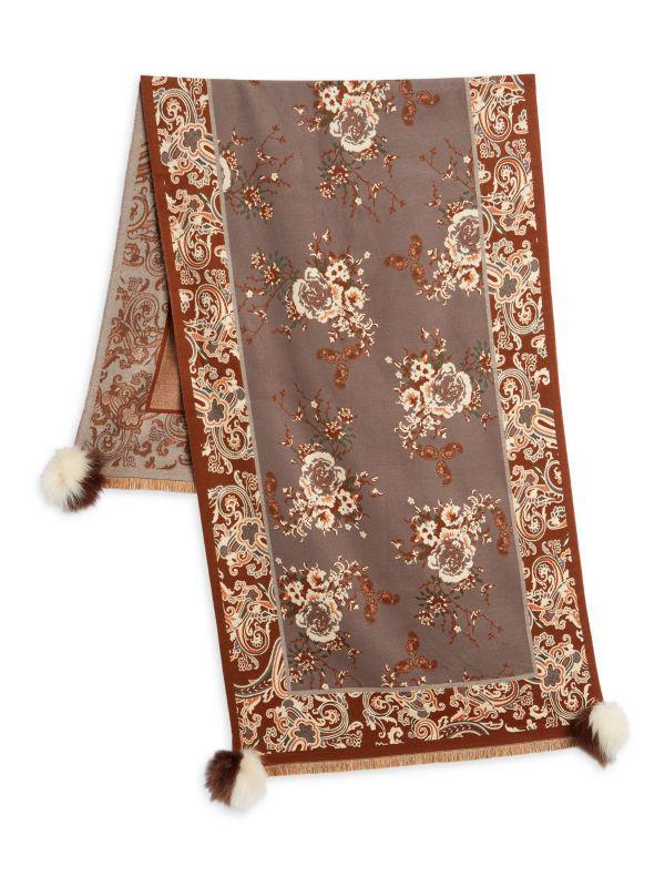 La Fiorentina Floral Faux Fur Pom Pom Shawl
